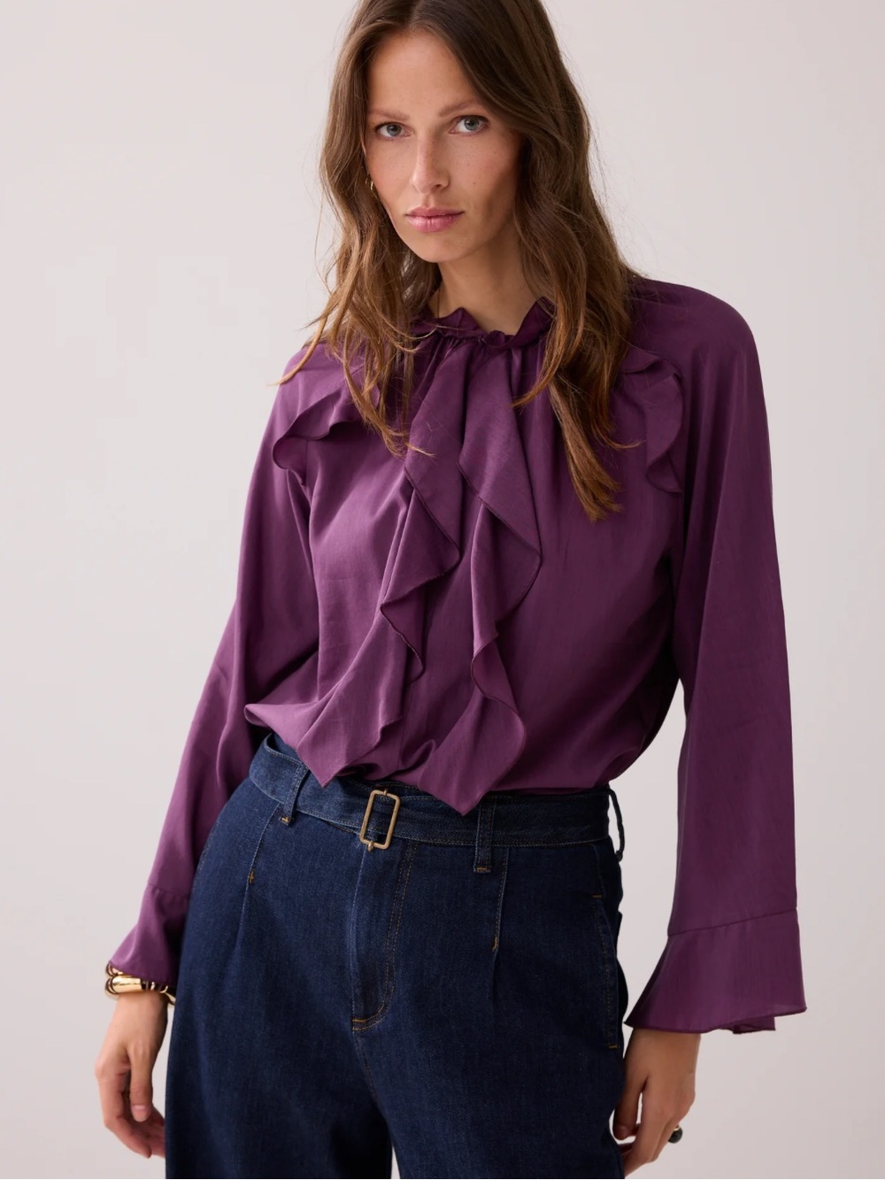 NWT Summum Plum Ruffle-Front Blouse